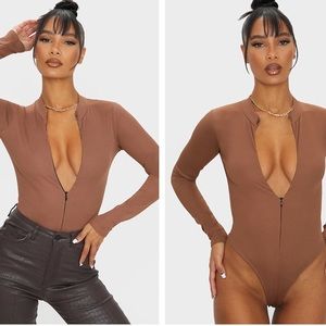 Prettylittlething brown zip up bodysuit